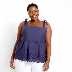 Navy Tie-Strap Tank w/ Embroidered Hem | Size 16